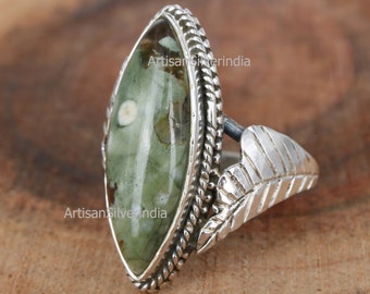 Rain Forest Jasper Ring, Gemstone Ring, Silver Ring, Jasper Ring, Antique Ring, Gift For Her, Leaf Ring, Women Ring, Anniversary Gift.