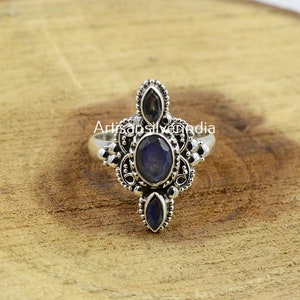 Multi Stone Ring, Blue Fire Labradorite Ring, Boho Ring, 3 Stone Silver Ring, Gemstone Ring, 925 Sterling Silver Ring, Birthday Gift.