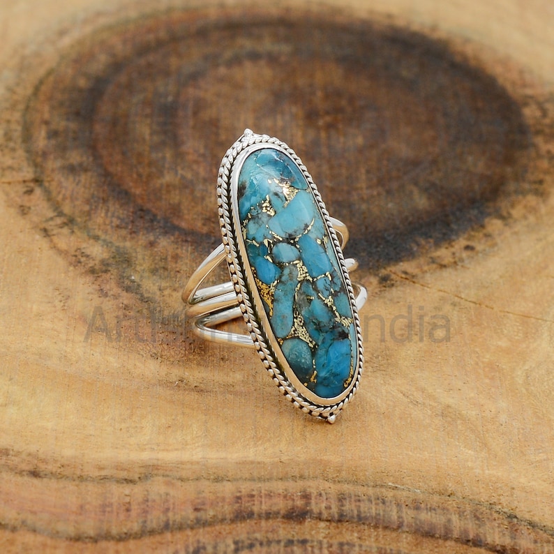 Blue Copper Turquoise Oval Ring, 925 Silver Ring, Long Gemstone Ring, Large Ring, Boho Turquoise Ring, Copper Turquoise Ring, Women Rings image 2