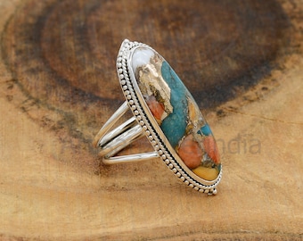 Oyster Copper Turquoise Ring: Oval Gemstone, 925 Sterling Silver