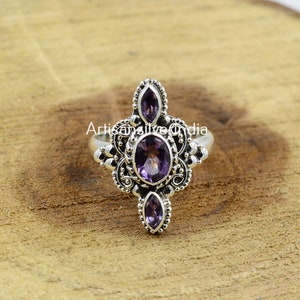 Multi Gemstone Ring, Amethyst Ring, Solitaire Ring, Artisan Jewelry, Sterling Silver Ring, Birthstone Jewelry, Handmade Ring, Oxidized Ring.