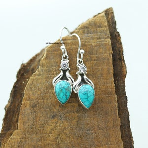 Handmade Pear Turquoise Earrings: 925 Sterling Silver Dangle Drop
