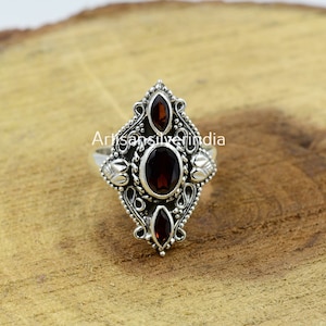 Natural Garnet Silver Ring, Statement Ring, Gemstone Ring, 925 Sterling Silver Ring, Red Garnet Ring, January Birthstone, Engagement Gift.