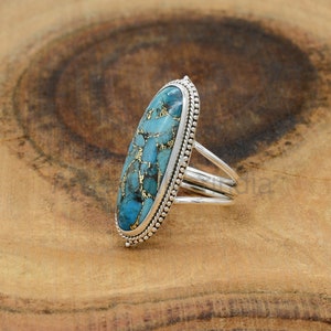 Blue Copper Turquoise Oval Ring, 925 Silver Ring, Long Gemstone Ring, Large Ring, Boho Turquoise Ring, Copper Turquoise Ring, Women Rings image 3