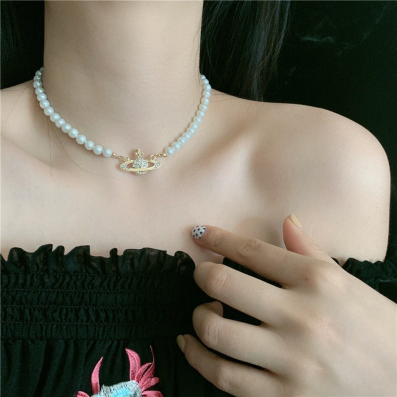 Saturn Pearl Necklace, Short Necklace, Saturn Choker, Pearl Choker, Orbit Planet Necklace, Orb Pearl Necklace, Saturn Choker Necklace 