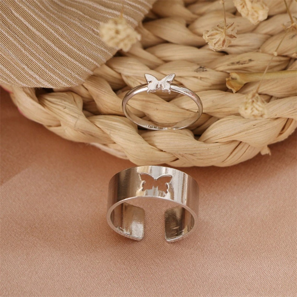 Butterfly Couple Ring Set Matching Butterfly Adjustable Ring Etsy