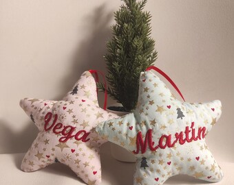 Personalized pink or turquoise fabric star Christmas ornament with embroidered name