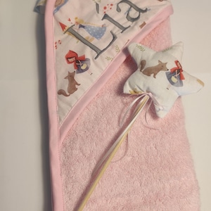 TALES pink terry baby hooded towel with personalized embroidered name. Gift matching wand