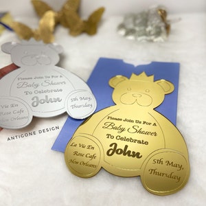 Invito personalizzato Teddy Bear Baby Shower, Invito di compleanno, Invito specchio acrilico, Invito al battesimo, Sweet 16 inviti, Mis 15