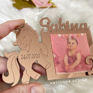 Custom Rose Gold Unicorn Birthday Photo Favors, Personalized Mirror Magnet, Photo Frame, Birthday Party Favor, Picture Frame, First Birthday