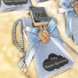 Set personalizzato mini Corano e Tasbih con borsa in bustine teddy bear, regali Aqiqah, regali personalizzati, baby shower musulmano, bomboniere musulmane
