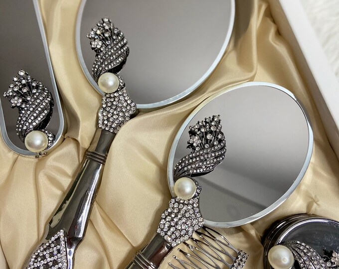 Silver Brush and Mirror Set Hand Mirror Set Mirror and Comb Etsy