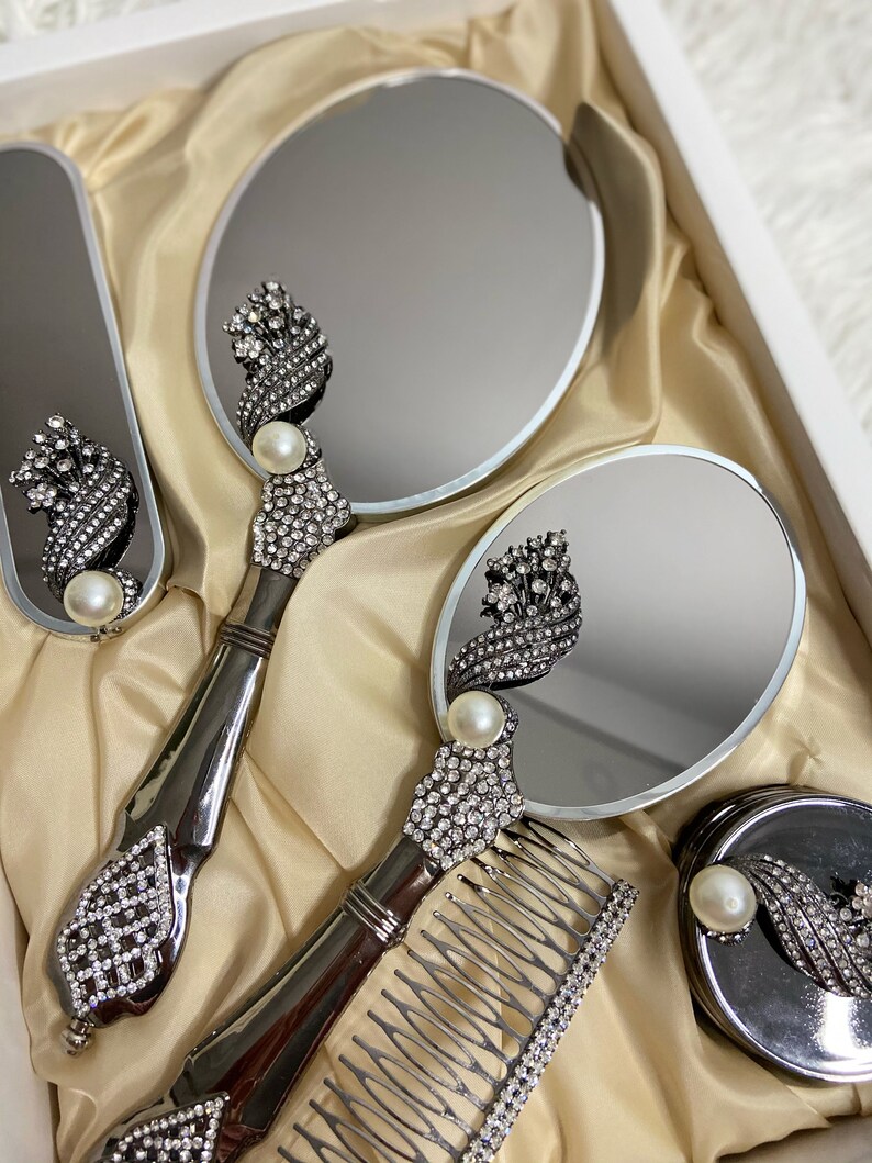 Silver Brush and Mirror Set Hand Mirror Set Mirror and Comb Etsy