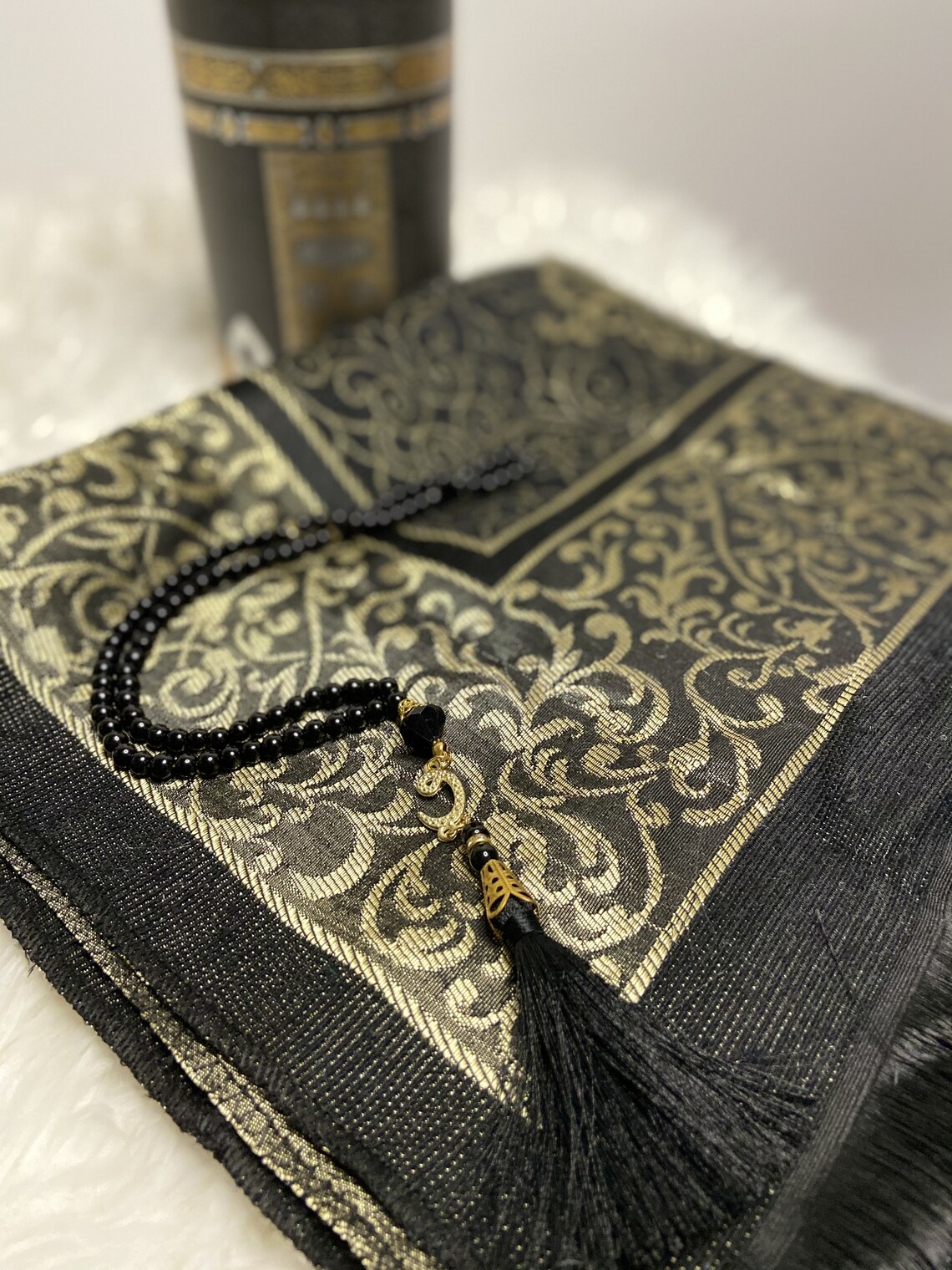 Prayer Mat and Tasbeeh With Kaaba Design Box Black Prayer Rug Etsy