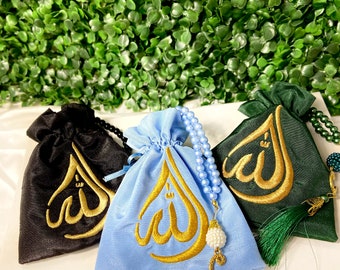 Pochette en satin personnalisée Tasbih avec signe d'Allah, cadeau Ramadan Moubarak, mariage islamique, cadeau musulman, faveurs de perles de prière, cadeau Ameen, cadeaux de l'Aïd