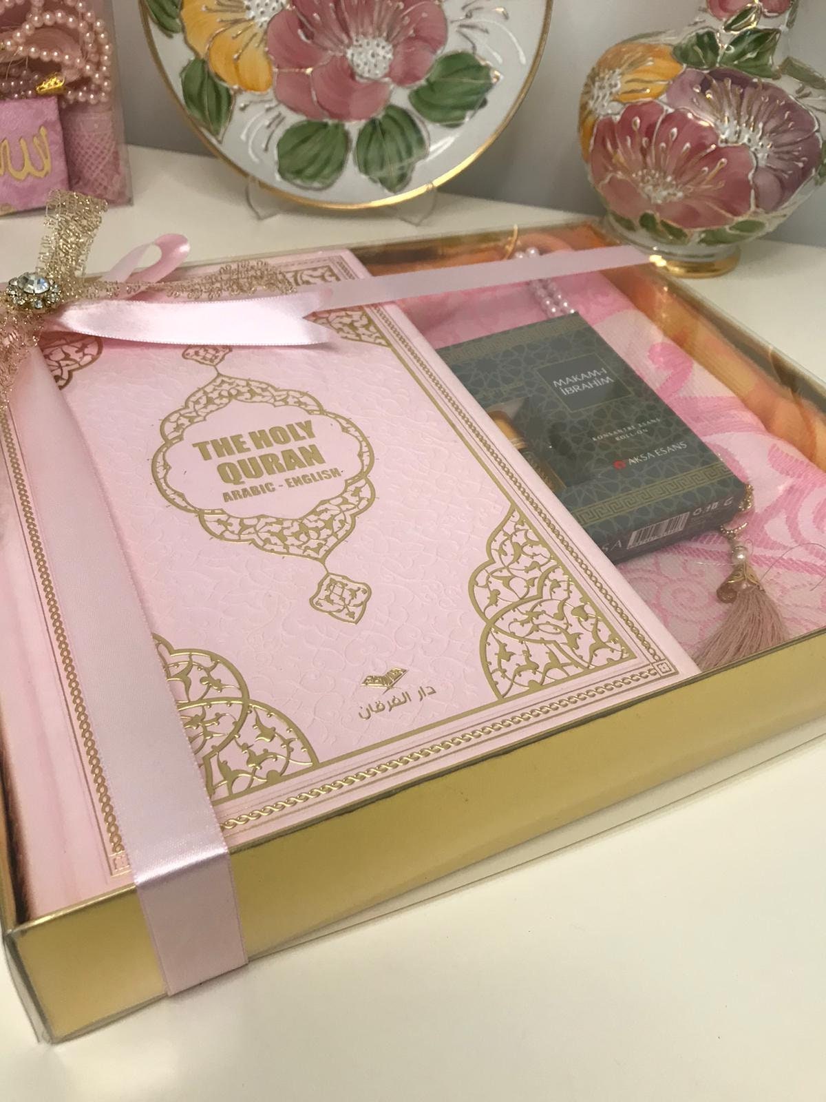 Englischer Koran Mit Gebetsteppich Set - Thermo Leder Edition In Rosa