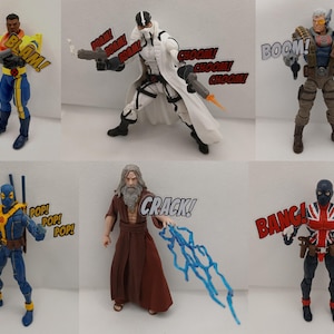 Puede incluir: Una colección de seis figuras de acción, cada una con una pose y accesorios únicos. Las figuras se colocan sobre un fondo colorido con efectos de sonido de estilo cómic. Las figuras incluyen una figura amarilla y azul con una pistola, una figura blanca con una capa, una figura marrón con una pistola, una figura azul con una pistola, una figura marrón con una barba larga y un rayo azul, y una figura roja, blanca y azul con una pistola.