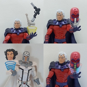 Puede incluir: Cuatro figuras de acción de un superhéroe con cabello blanco y un traje rojo y azul. Las figuras están en diferentes poses, sosteniendo diferentes accesorios. Una figura sostiene una pistola, otra sostiene un casco y otra sostiene un efecto de energía azul giratorio.