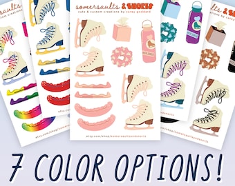 May include: Several sheets of stickers featuring ice skates, water bottles, tissue boxes, and scrunchies. The stickers are in various colors, including pink, blue, and rainbow. Text on the sheets reads "somersaults & SHORIS" and "7 COLOR OPTIONS!"