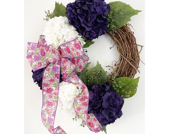 Hydrangea wreath, Grapevine, Spring Wreath, Mother's Day Wreath, Purple, White, Wreath