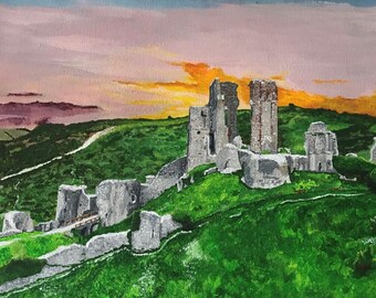 Impresión artística del castillo de Corfe, pintura de paisaje de Dorset (A4)