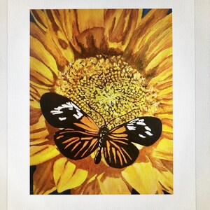 ひまわりに蝶が止まっている私のオリジナル絵画をプリントしました。A4サイズ、250gsmのカードです。