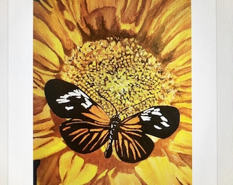 Impresión de mi pintura original de una mariposa sobre un girasol. A4 en cartulina de 250 g/m².