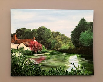 Pintura original de Flatford Mill, arte paisajístico de Suffolk, 41 x 51 cm, acrílico sobre lienzo