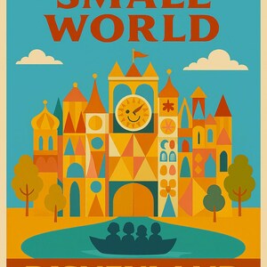 May include: A colorful vintage-style poster for Disneyland Paris, featuring the phrase "IT'S A SMALL WORLD" in large orange letters. The image showcases a whimsical building with a clock, a boat with passengers, and the park's name.