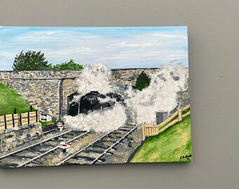Pintura de un tren de vapor en Swanage, arte costero de Dorset