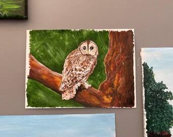 Pintura de búho sobre lienzo. Acrílico, original, de 7 x 5 pulgadas