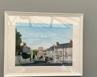 Vista de la iglesia de Santa María en Swanage, Dorset. Acrílico sobre lienzo, tamaño A3.