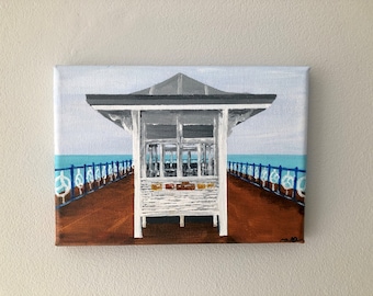 Pintura del muelle de Swanage, arte de la costa de Dorset, lienzo acrílico original (12,7 x 18,8 cm)