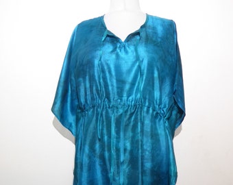 Caftan en soie batik bleu, caftan teint à la main en pure soie XXL