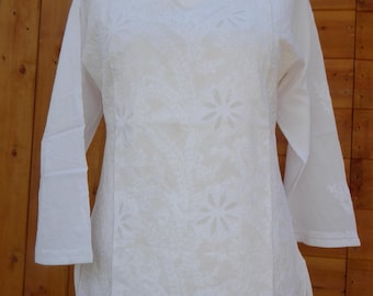 White hand-embroidered cotton tunic 'Maitri', high-quality embroidered Indian cotton tunic