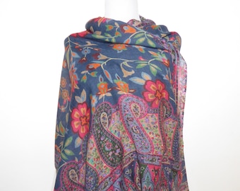 Wool scarf finely woven dark blue with flowers and paisleys, wool scarf 'Fine-wool' dark blue with paisley