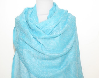 Wool scarf finely woven light blue with jacquard pattern, wool scarf 'Fine-wool' jacquard pattern light blue