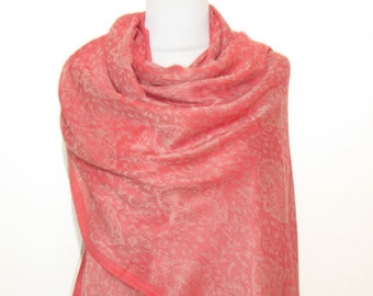 Wool scarf finely woven light red with jacquard pattern, wool scarf 'Fine-wool' jacquard pattern light red