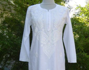 Tunique en coton S - XL 'Nagara' brodée à la main, tunique en coton blanc brodé à la main, tunique indienne