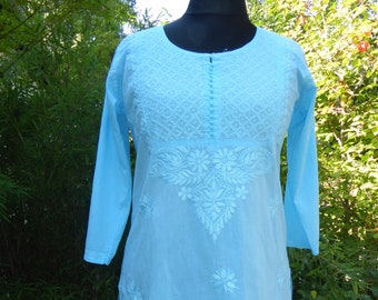 Cotton tunic 'Jyoti' turquoise, calf-length Indian embroidered tunic in turquoise