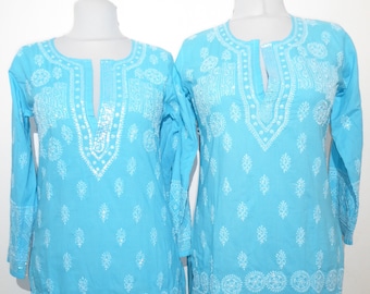 Katoenen tuniek 'Sushila' handgeborduurd turquoise, tuniek van handgeborduurd puur katoen, tuniek met paillettenborduursel