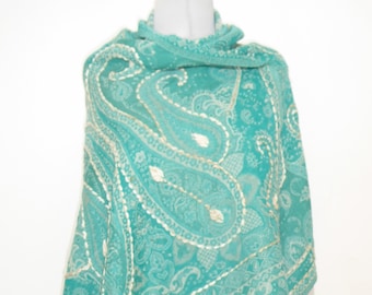 Écharpe en laine indienne brodée à la main 'Boiled Wool' vert turquoise, écharpe en laine vert turquoise en pure laine feutrée