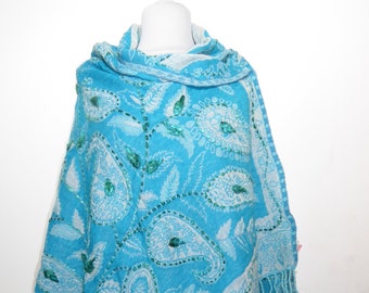 Hand-embroidered Indian wool scarf 'Boiled Wool' light blue II, wool scarf made of pure wool double woven light blue