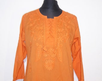 Cotton tunic 'Manjula' hand-embroidered, orange tunic made of hand-embroidered cotton, cotton tunic hand-embroidered