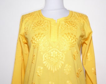 Handbestickte Baumwoll-Tunika 'lalita' gelb,  kurze Tunika aus handbestickter gelber Baumwolle