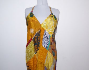 Neckholder-Sommerkleid Patchwork gelb, langes Vintage Sommerkleid 'Aisha' Patchwork