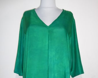 Tunique en soie verte Batik-Print XXXL, chemisier en pure soie, tunique en soie 'Abheeti' vert
