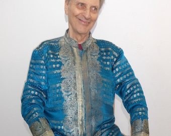 Sherwani en brocart de soie indien en turquoise, manteau de soie turquoise pour hommes/femmes