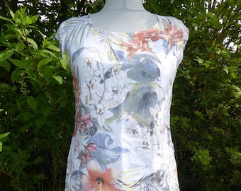 White linen summer dress with floral print, white linen dress with floral patterns, linen summer dress - M to XXXL