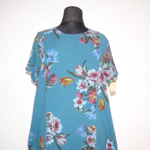 Sommerkleid aus petrolfarbenem Leinen mit Blumenprint, Leinenkleid petrol mit großen Blumen XXL-XXXL